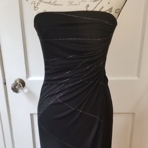 Black strapless asymmetrical cocktail dress